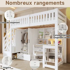 Enfant Okwish Lit Superposé Enfant 90x200 cm - avec Escalier de Rangement et Bureau Intégré, Armoire et Tiroirs - Bois/MDF/Contreplaqué Blanc