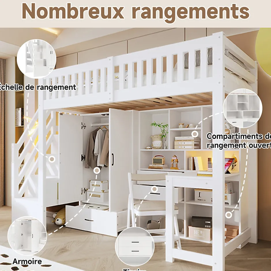 Enfant Okwish Lit Superposé Enfant 90x200 cm - avec Escalier de Rangement et Bureau Intégré, Armoire et Tiroirs - Bois/MDF/Contreplaqué Blanc