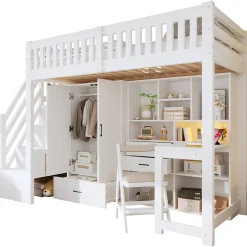 Enfant Okwish Lit Superposé Enfant 90x200 cm - avec Escalier de Rangement et Bureau Intégré, Armoire et Tiroirs - Bois/MDF/Contreplaqué Blanc