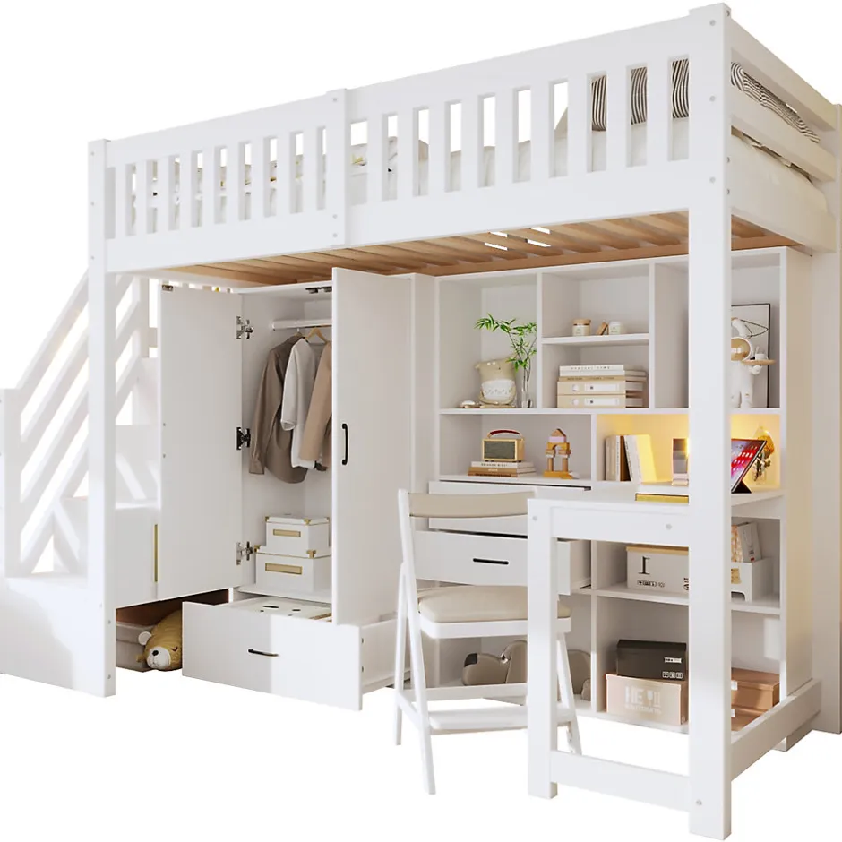 Enfant Okwish Lit Superposé Enfant 90x200 cm - avec Escalier de Rangement et Bureau Intégré, Armoire et Tiroirs - Bois/MDF/Contreplaqué Blanc