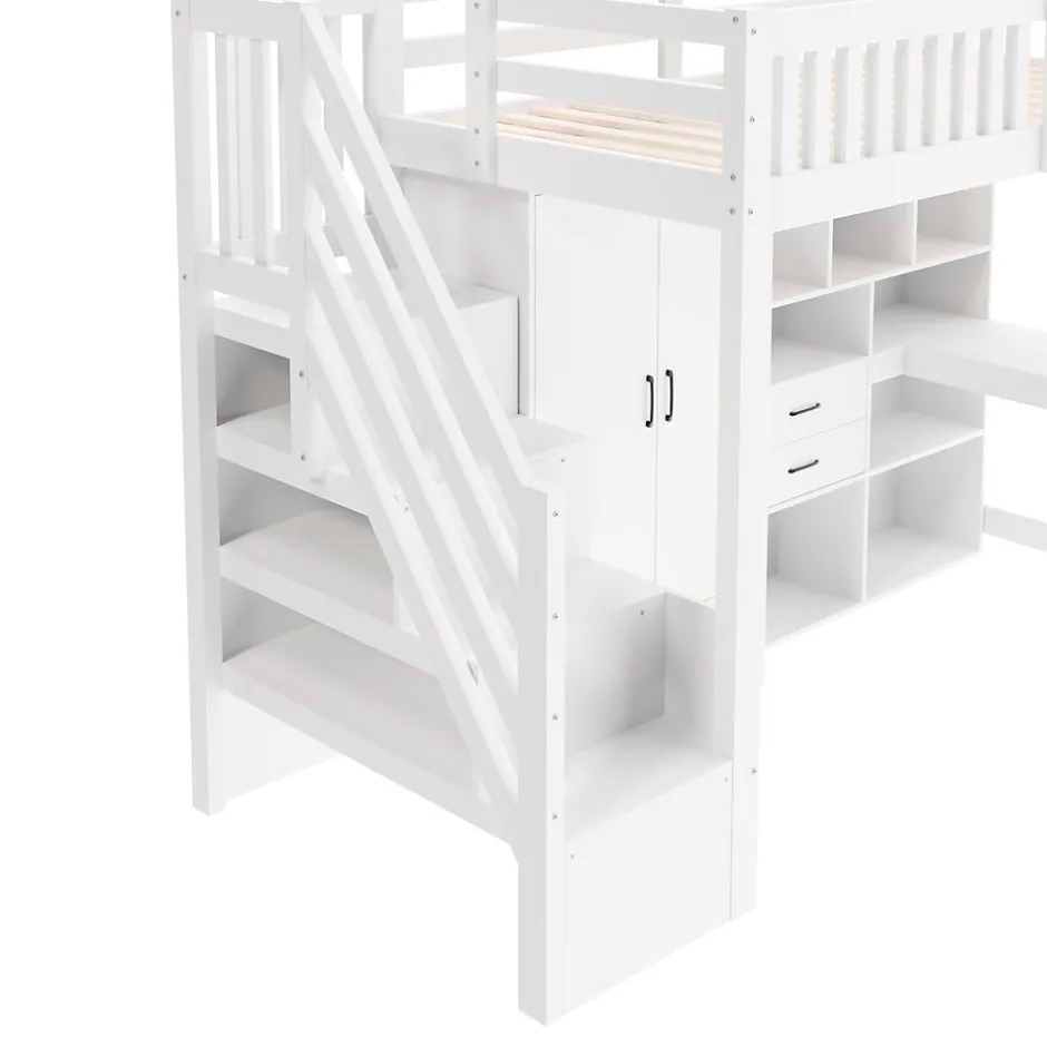 Enfant Okwish Lit Superposé Enfant 90x200 cm - avec Escalier de Rangement et Bureau Intégré, Armoire et Tiroirs - Bois/MDF/Contreplaqué Blanc