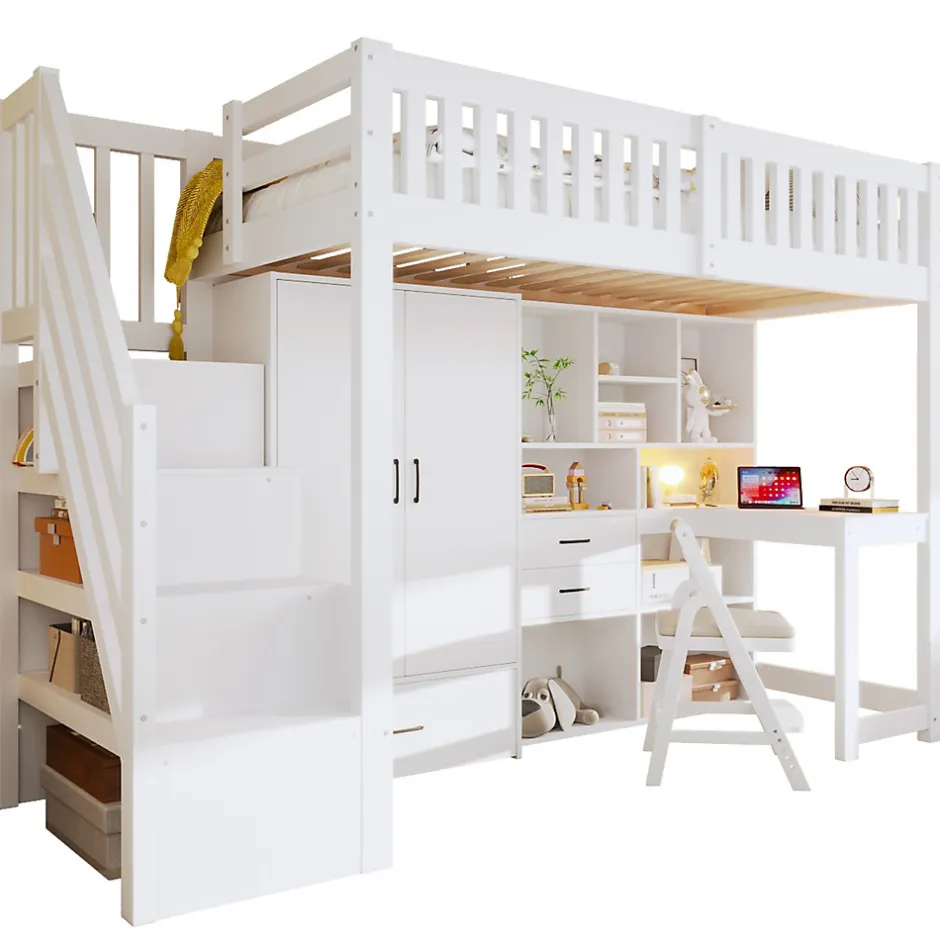 Enfant Okwish Lit Superposé Enfant 90x200 cm - avec Escalier de Rangement et Bureau Intégré, Armoire et Tiroirs - Bois/MDF/Contreplaqué Blanc