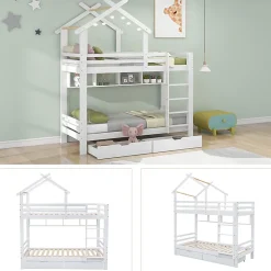 Okwish Lit Superposé enfant 90x200 cm - Lit avec 2 Tiroirs et 4 Niches de Rangement - Structure en Bois Pin et MDF - Blanc, Sans Matelas New