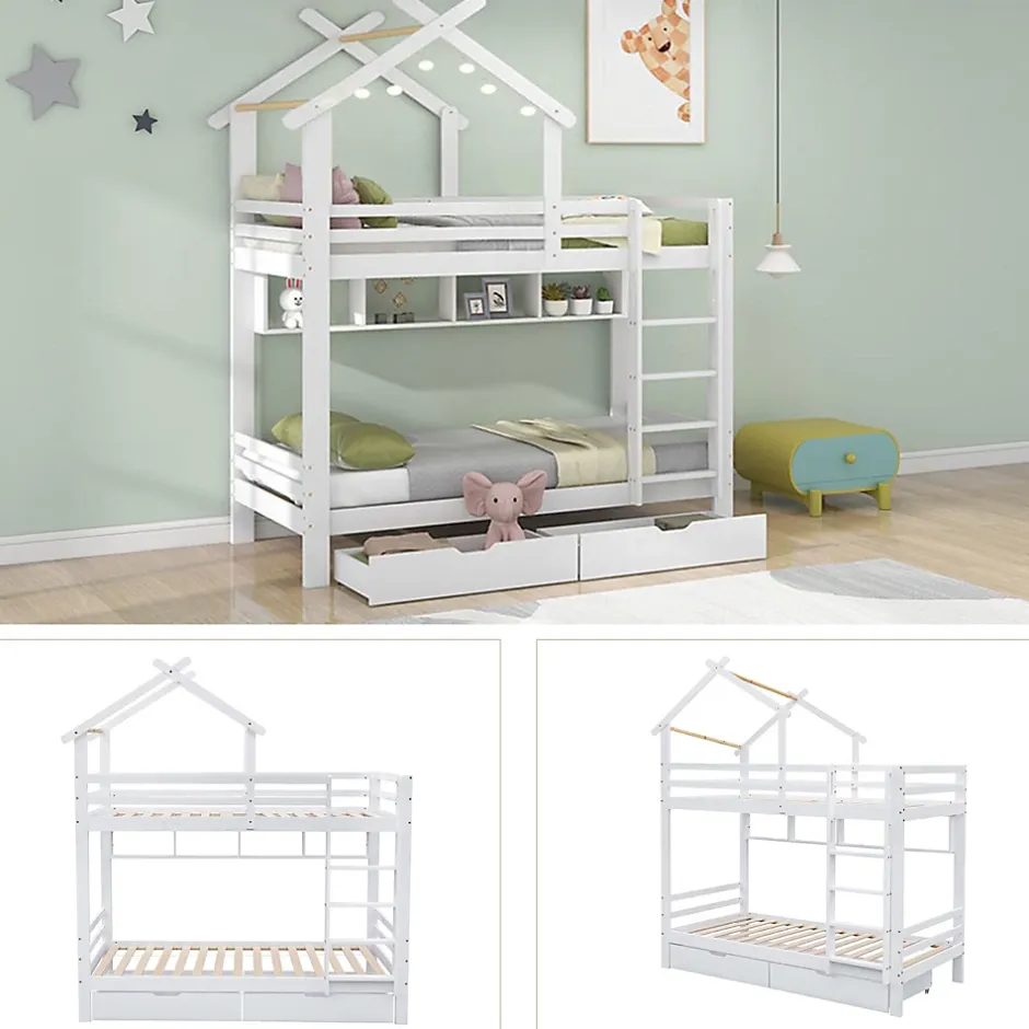 Okwish Lit Superposé enfant 90x200 cm - Lit avec 2 Tiroirs et 4 Niches de Rangement - Structure en Bois Pin et MDF - Blanc, Sans Matelas New