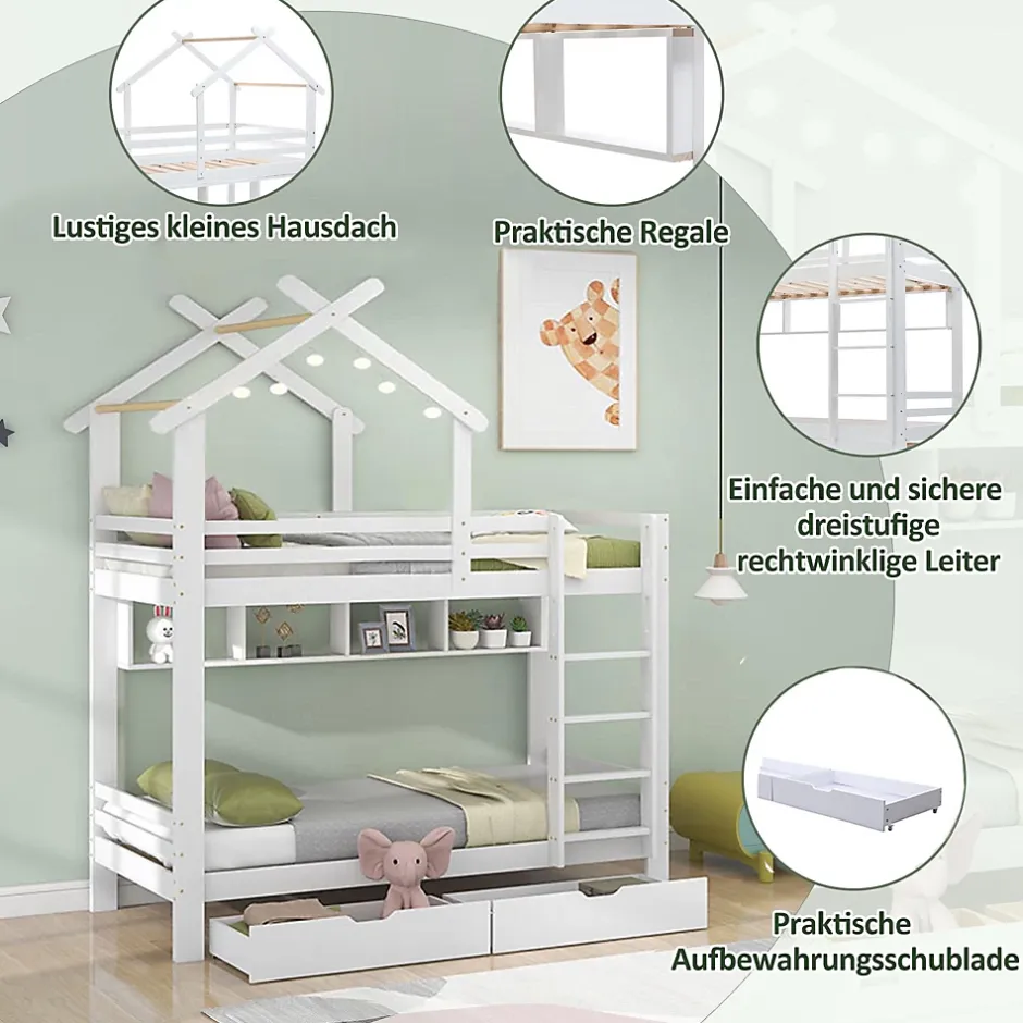 Okwish Lit Superposé enfant 90x200 cm - Lit avec 2 Tiroirs et 4 Niches de Rangement - Structure en Bois Pin et MDF - Blanc, Sans Matelas New