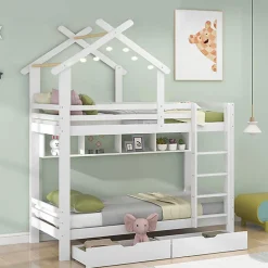 Okwish Lit Superposé enfant 90x200 cm - Lit avec 2 Tiroirs et 4 Niches de Rangement - Structure en Bois Pin et MDF - Blanc, Sans Matelas New