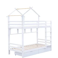 Okwish Lit Superposé enfant 90x200 cm - Lit avec 2 Tiroirs et 4 Niches de Rangement - Structure en Bois Pin et MDF - Blanc, Sans Matelas New