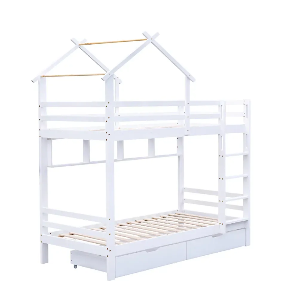 Okwish Lit Superposé enfant 90x200 cm - Lit avec 2 Tiroirs et 4 Niches de Rangement - Structure en Bois Pin et MDF - Blanc, Sans Matelas New