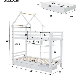 Okwish Lit Superposé enfant 90x200 cm - Lit avec 2 Tiroirs et 4 Niches de Rangement - Structure en Bois Pin et MDF - Blanc, Sans Matelas New