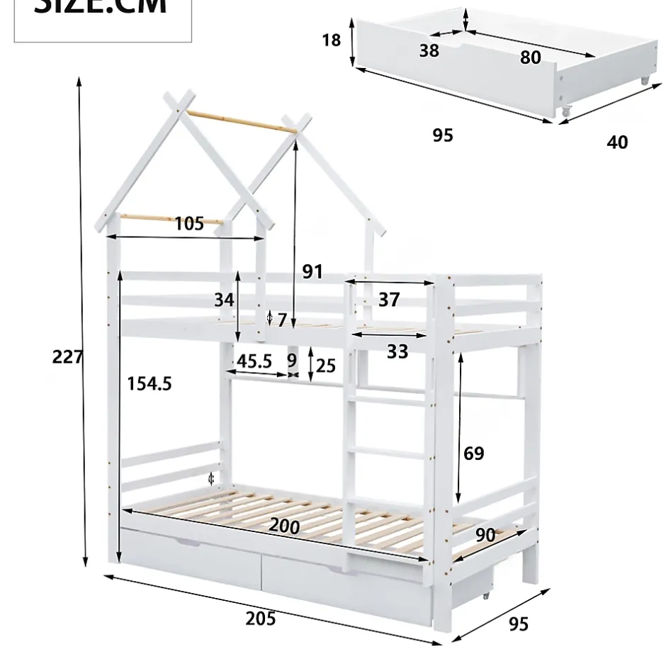 Okwish Lit Superposé enfant 90x200 cm - Lit avec 2 Tiroirs et 4 Niches de Rangement - Structure en Bois Pin et MDF - Blanc, Sans Matelas New