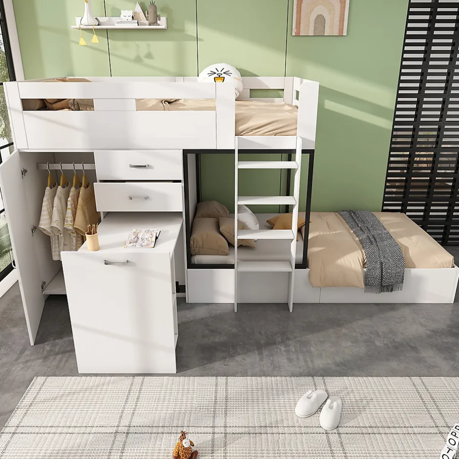 Enfant Okwish Lit Superposé enfant 90x200 cm - Lit avec Bureau Escamotable et Armoire - MDF et Panneaux Stratifiés - Sans Matelas - Blanc