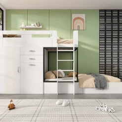 Enfant Okwish Lit Superposé enfant 90x200 cm - Lit avec Bureau Escamotable et Armoire - MDF et Panneaux Stratifiés - Sans Matelas - Blanc