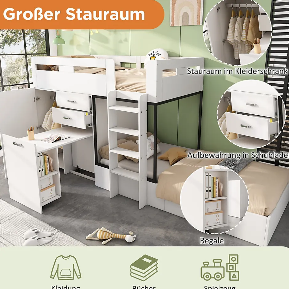 Enfant Okwish Lit Superposé enfant 90x200 cm - Lit avec Bureau Escamotable et Armoire - MDF et Panneaux Stratifiés - Sans Matelas - Blanc