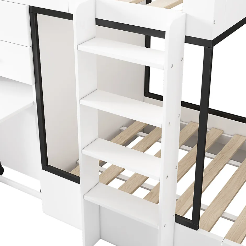 Enfant Okwish Lit Superposé enfant 90x200 cm - Lit avec Bureau Escamotable et Armoire - MDF et Panneaux Stratifiés - Sans Matelas - Blanc