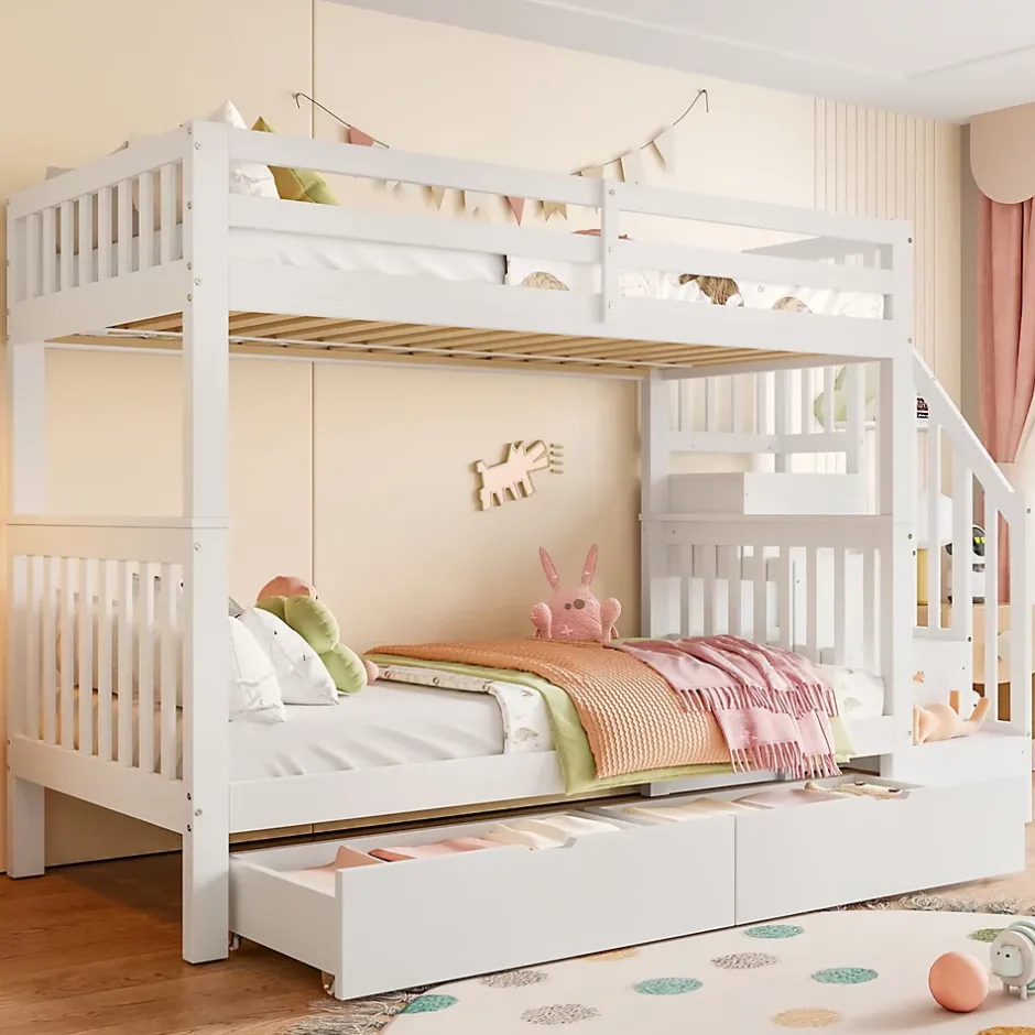 ProximaX Lit superposé enfant 90x200 cm blanc avec étagère escalier, 2 tiroirs, barrières hautes, certifié EN747-1, sûr et pratique Best