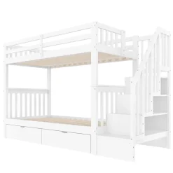 ProximaX Lit superposé enfant 90x200 cm blanc avec étagère escalier, 2 tiroirs, barrières hautes, certifié EN747-1, sûr et pratique Best