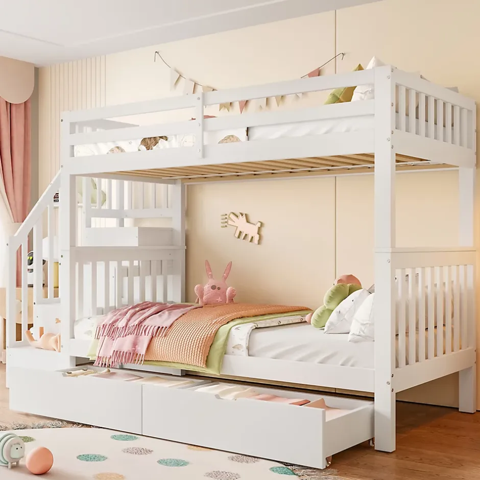 ProximaX Lit superposé enfant 90x200 cm blanc avec étagère escalier, 2 tiroirs, barrières hautes, certifié EN747-1, sûr et pratique Best