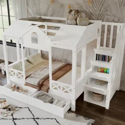 Enfant Okwish Lit Superposé Enfant 90/140x200 cm, 2 Tiroirs à Roulettes, Escalier, 4 Cases de Rangement, Fenêtres et Toit, Sans Matelas, Blanc