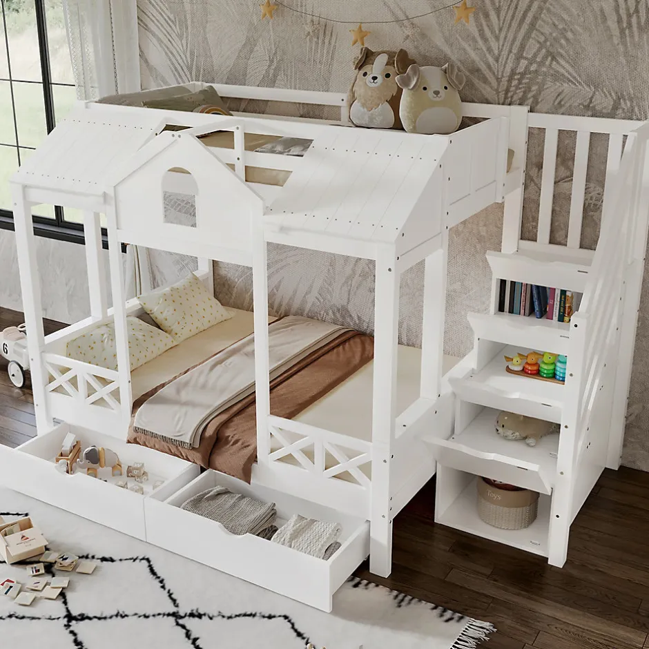 Enfant Okwish Lit Superposé Enfant 90/140x200 cm, 2 Tiroirs à Roulettes, Escalier, 4 Cases de Rangement, Fenêtres et Toit, Sans Matelas, Blanc