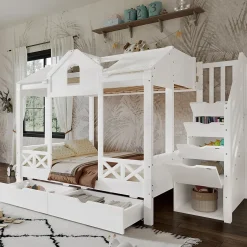 Enfant Okwish Lit Superposé Enfant 90/140x200 cm, 2 Tiroirs à Roulettes, Escalier, 4 Cases de Rangement, Fenêtres et Toit, Sans Matelas, Blanc