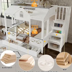 Enfant Okwish Lit Superposé Enfant 90/140x200 cm, 2 Tiroirs à Roulettes, Escalier, 4 Cases de Rangement, Fenêtres et Toit, Sans Matelas, Blanc