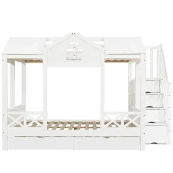 Enfant Okwish Lit Superposé Enfant 90/140x200 cm, 2 Tiroirs à Roulettes, Escalier, 4 Cases de Rangement, Fenêtres et Toit, Sans Matelas, Blanc
