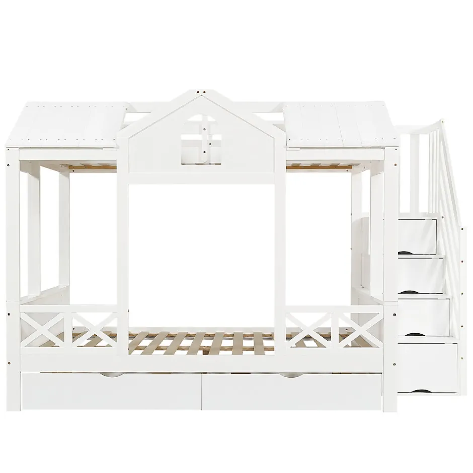 Enfant Okwish Lit Superposé Enfant 90/140x200 cm, 2 Tiroirs à Roulettes, Escalier, 4 Cases de Rangement, Fenêtres et Toit, Sans Matelas, Blanc