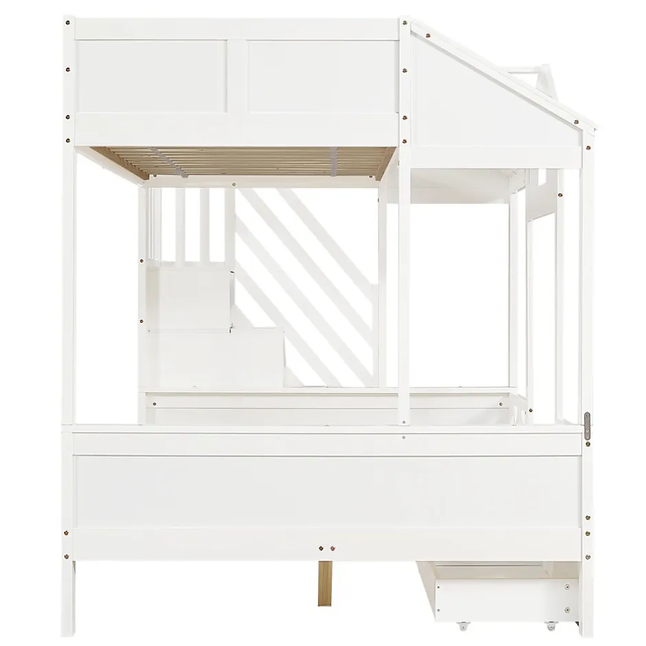 Enfant Okwish Lit Superposé Enfant 90/140x200 cm, 2 Tiroirs à Roulettes, Escalier, 4 Cases de Rangement, Fenêtres et Toit, Sans Matelas, Blanc