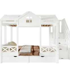 Enfant Okwish Lit Superposé Enfant 90/140x200 cm, 2 Tiroirs à Roulettes, Escalier, 4 Cases de Rangement, Fenêtres et Toit, Sans Matelas, Blanc