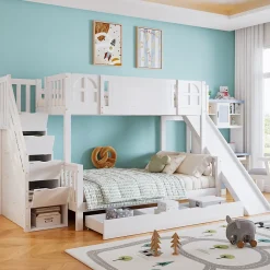 Enfant Okwish Lit Superposé enfant 90x200 cm avec Toboggan et Escalier, Cabane Blanc avec Casiers de Rangement, Pin et MDF, Sans Matelas - Blanc