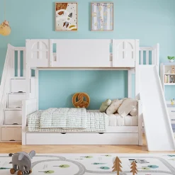 Enfant Okwish Lit Superposé enfant 90x200 cm avec Toboggan et Escalier, Cabane Blanc avec Casiers de Rangement, Pin et MDF, Sans Matelas - Blanc