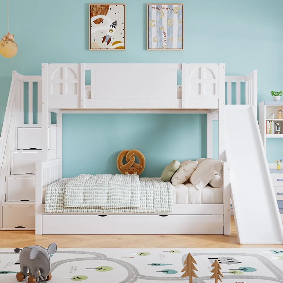 Enfant Okwish Lit Superposé enfant 90x200 cm avec Toboggan et Escalier, Cabane Blanc avec Casiers de Rangement, Pin et MDF, Sans Matelas - Blanc