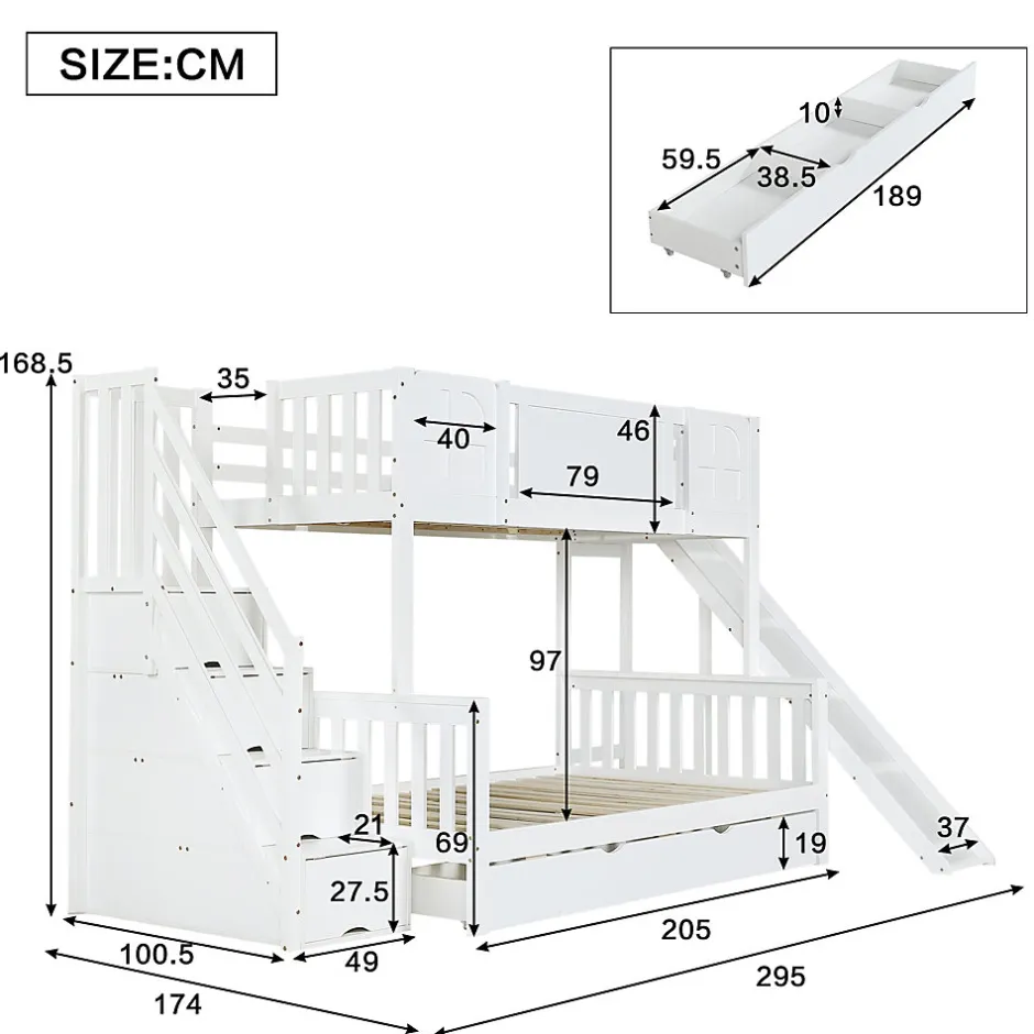 Enfant Okwish Lit Superposé enfant 90x200 cm avec Toboggan et Escalier, Cabane Blanc avec Casiers de Rangement, Pin et MDF, Sans Matelas - Blanc