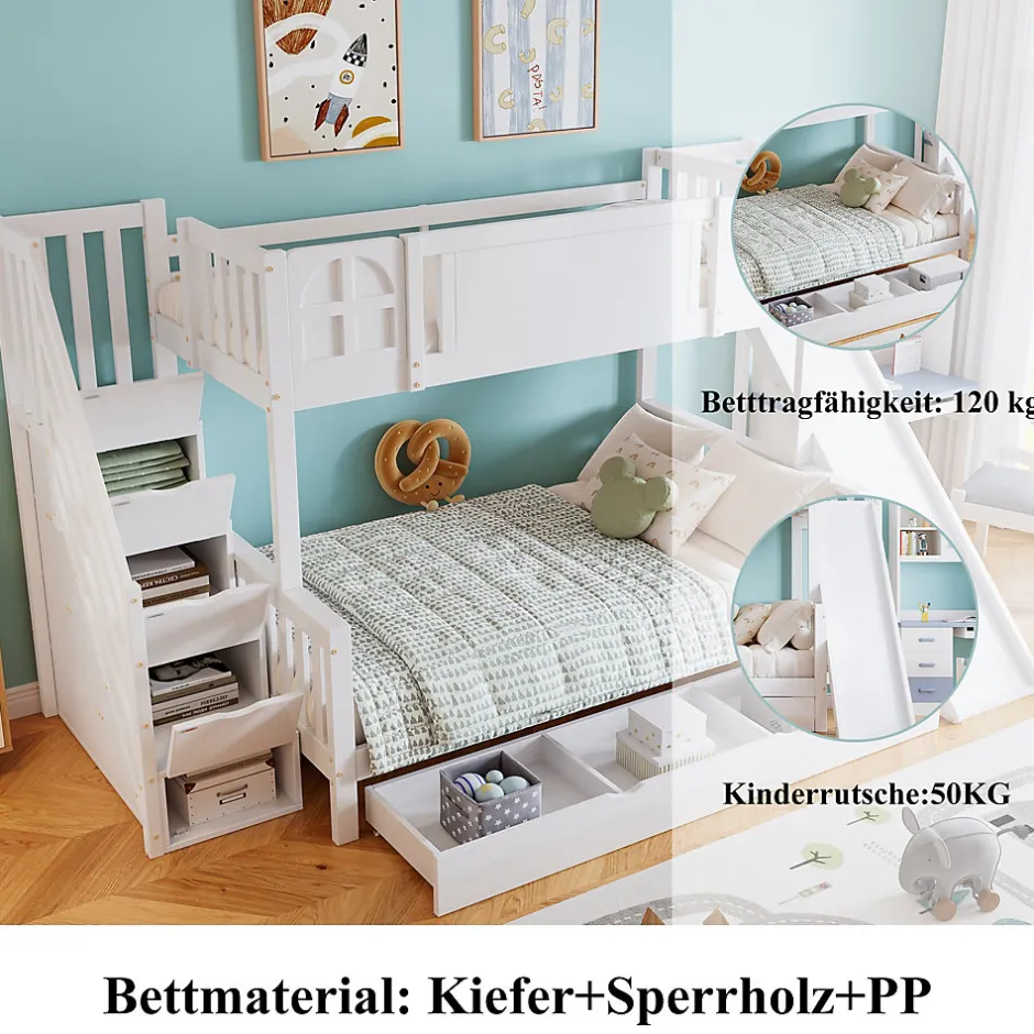 Enfant Okwish Lit Superposé enfant 90x200 cm avec Toboggan et Escalier, Cabane Blanc avec Casiers de Rangement, Pin et MDF, Sans Matelas - Blanc
