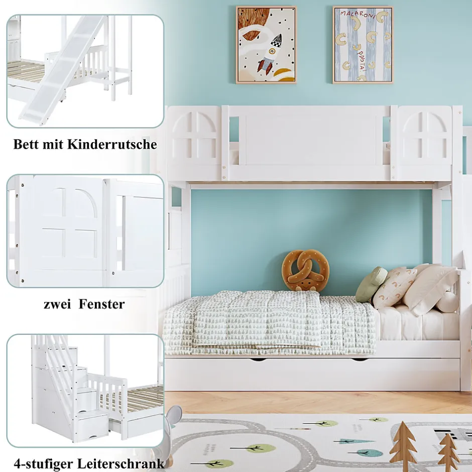 Enfant Okwish Lit Superposé enfant 90x200 cm avec Toboggan et Escalier, Cabane Blanc avec Casiers de Rangement, Pin et MDF, Sans Matelas - Blanc