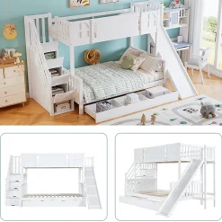 Enfant Okwish Lit Superposé enfant 90x200 cm avec Toboggan et Escalier, Cabane Blanc avec Casiers de Rangement, Pin et MDF, Sans Matelas - Blanc
