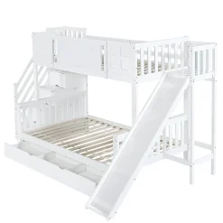 Enfant Okwish Lit Superposé enfant 90x200 cm avec Toboggan et Escalier, Cabane Blanc avec Casiers de Rangement, Pin et MDF, Sans Matelas - Blanc