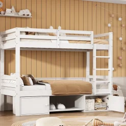 ProximaX Lit superposé enfant 90x200 cm blanc avec casiers et étagères à chaussures, convertible en 2 lits simples Discount