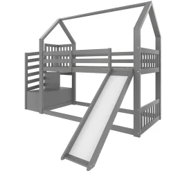 Okwish Lit Superposé Enfant 90x200 cm - Lit avec Toboggan et Escalier de Rangement - Cadre Bois MDF - Sans Matelas - Gris Sale