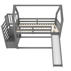 Okwish Lit Superposé Enfant 90x200 cm - Lit avec Toboggan et Escalier de Rangement - Cadre Bois MDF - Sans Matelas - Gris Sale