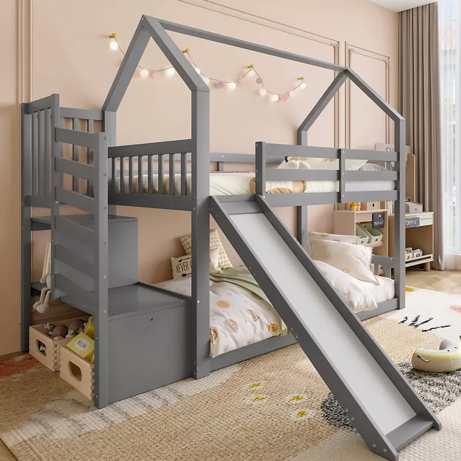 Okwish Lit Superposé Enfant 90x200 cm - Lit avec Toboggan et Escalier de Rangement - Cadre Bois MDF - Sans Matelas - Gris Sale