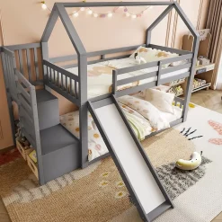 Okwish Lit Superposé Enfant 90x200 cm - Lit avec Toboggan et Escalier de Rangement - Cadre Bois MDF - Sans Matelas - Gris Sale
