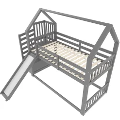 Okwish Lit Superposé Enfant 90x200 cm - Lit avec Toboggan et Escalier de Rangement - Cadre Bois MDF - Sans Matelas - Gris Sale