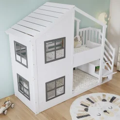 ModernLuxe Lit superposé enfant 90x200 cm avec fenêtre - avec échelle de rangement - bois massif + MDF - blanc + gris (sans matelas) Discount