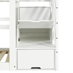 ModernLuxe Lit superposé enfant 90x200 cm avec fenêtre - avec échelle de rangement - bois massif + MDF - blanc + gris (sans matelas) Discount