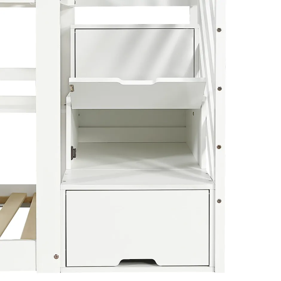 ModernLuxe Lit superposé enfant 90x200 cm avec fenêtre - avec échelle de rangement - bois massif + MDF - blanc + gris (sans matelas) Discount