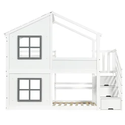 ModernLuxe Lit superposé enfant 90x200 cm avec fenêtre - avec échelle de rangement - bois massif + MDF - blanc + gris (sans matelas) Discount