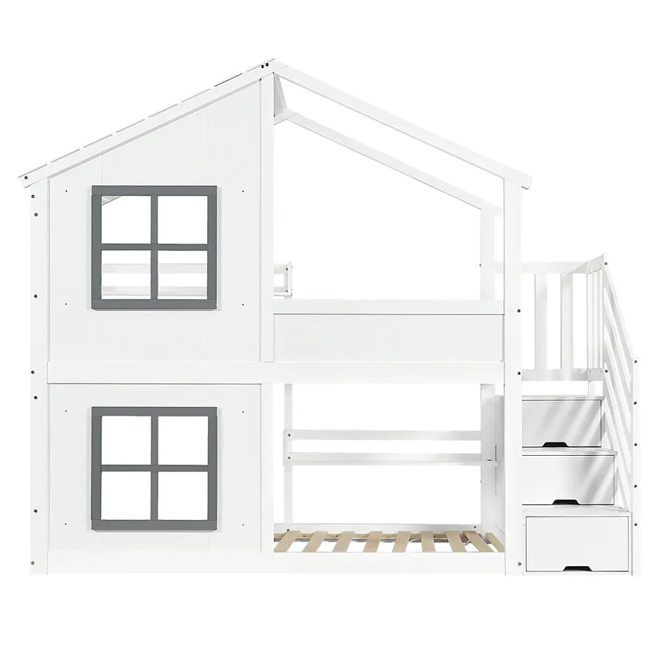 ModernLuxe Lit superposé enfant 90x200 cm avec fenêtre - avec échelle de rangement - bois massif + MDF - blanc + gris (sans matelas) Discount