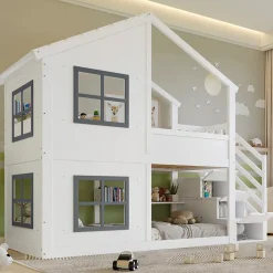 ModernLuxe Lit superposé enfant 90x200 cm avec fenêtre - avec échelle de rangement - bois massif + MDF - blanc + gris (sans matelas) Discount