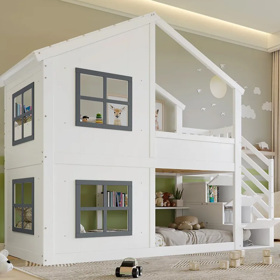 ModernLuxe Lit superposé enfant 90x200 cm avec fenêtre - avec échelle de rangement - bois massif + MDF - blanc + gris (sans matelas) Discount